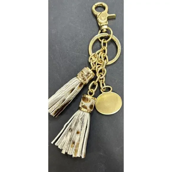 Brahmin Double Tassel Bag Charm Key Fob Gold Gray Brown Leather Neutral Color - Picture 3 of 4